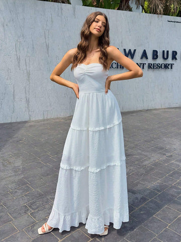 Ladies Solid Color Simple Style Strapless Dress For Daily Wear
