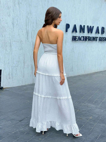 Ladies Solid Color Simple Style Strapless Dress For Daily Wear