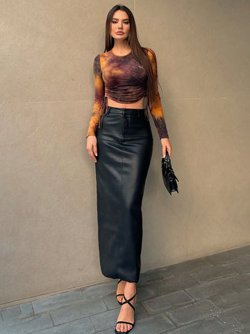 Aloruh Leisure Tie-Dye Pleated Drawstring Long Sleeve Women's T-Shirt