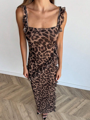 Mesh Leopard Print Ruffle Trim Fitted Dress For Women