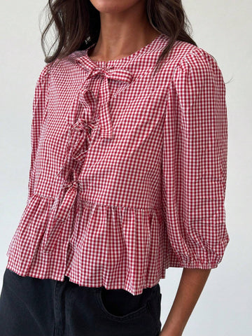 Aloruh Minimalist Business Crew Neck Cinched Cinched Waist 3/4 Sleeve Fitted Plaid Women Shirt