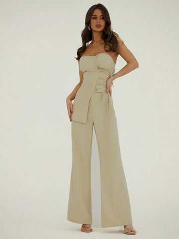 Minimalist Commuter Overalls Dress With Irregular Hemline And Adjustable Strap + Simple Low-Waisted Pants Suit For Women