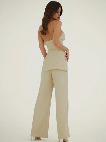 Minimalist Commuter Overalls Dress With Irregular Hemline And Adjustable Strap + Simple Low-Waisted Pants Suit For Women