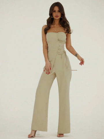 Minimalist Commuter Overalls Dress With Irregular Hemline And Adjustable Strap + Simple Low-Waisted Pants Suit For Women