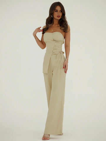 Minimalist Commuter Overalls Dress With Irregular Hemline And Adjustable Strap + Simple Low-Waisted Pants Suit For Women