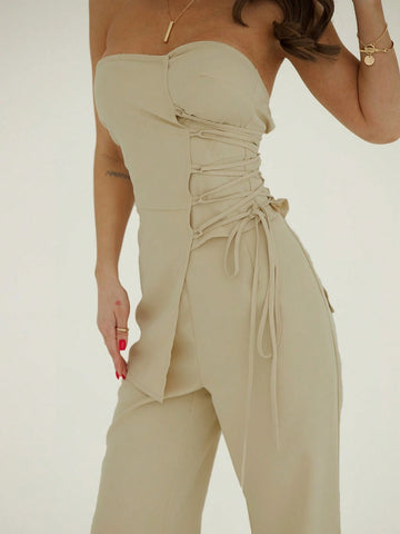 Minimalist Commuter Overalls Dress With Irregular Hemline And Adjustable Strap + Simple Low-Waisted Pants Suit For Women