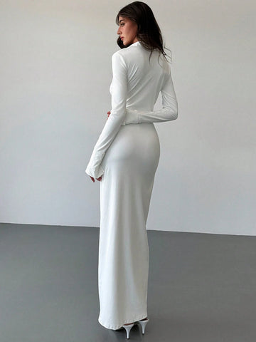 Minimalist Commuting White Shirt Collar Deep V Twist Split Slim Fit Extra-Long Women's Dress