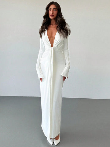 Minimalist Commuting White Shirt Collar Deep V Twist Split Slim Fit Extra-Long Women's Dress