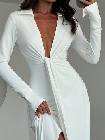 Minimalist Commuting White Shirt Collar Deep V Twist Split Slim Fit Extra-Long Women's Dress