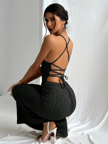 Minimalist Texture Material Halter Neck Backless Long Swing Dress For Women Street Look