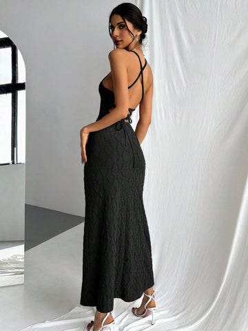 Minimalist Texture Material Halter Neck Backless Long Swing Dress For Women Street Look