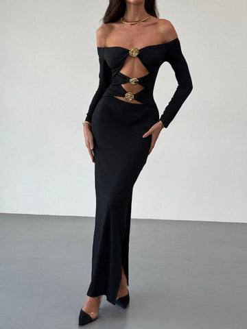 Modern Off-Shoulder Layered Hollow Out Metal Decor Fitted Long Sleeve Dress For Women