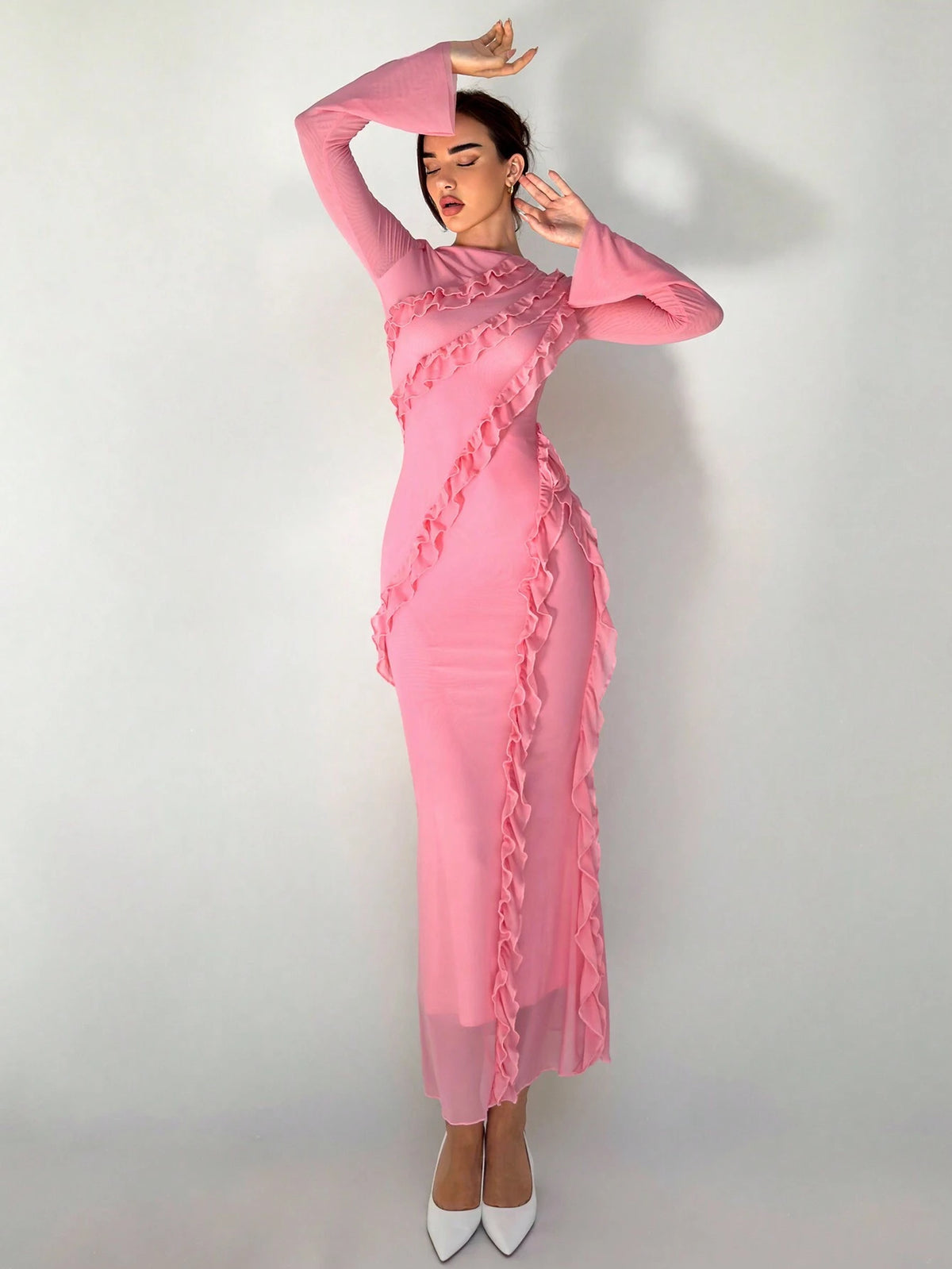 New Arrival Pink Romantic Ruffle Trim Boat Neck Flare Sleeve Slim Fit Elegant Dress
