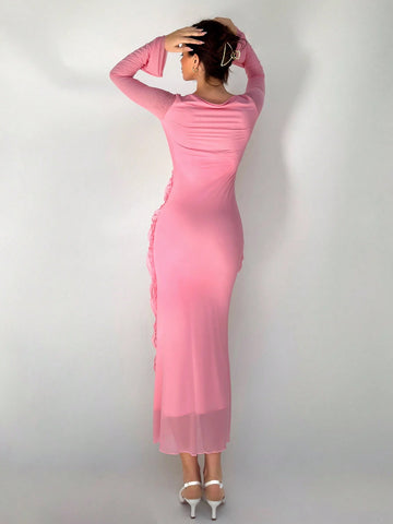 New Arrival Pink Romantic Ruffle Trim Boat Neck Flare Sleeve Slim Fit Elegant Dress