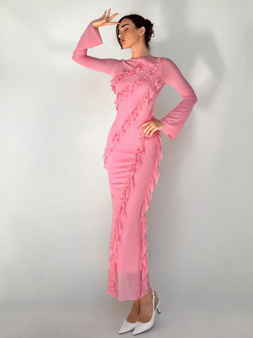 New Arrival Pink Romantic Ruffle Trim Boat Neck Flare Sleeve Slim Fit Elegant Dress