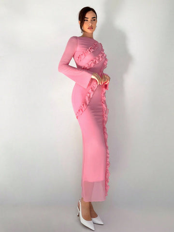 New Arrival Pink Romantic Ruffle Trim Boat Neck Flare Sleeve Slim Fit Elegant Dress