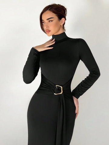 New Arrival Slim Fit Warm Mock Neck Long Sleeve Waist Cinched Dress For Winter