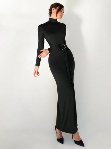 New Arrival Slim Fit Warm Mock Neck Long Sleeve Waist Cinched Dress For Winter