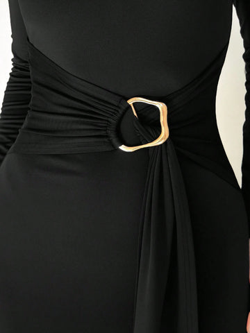 New Arrival Slim Fit Warm Mock Neck Long Sleeve Waist Cinched Dress For Winter