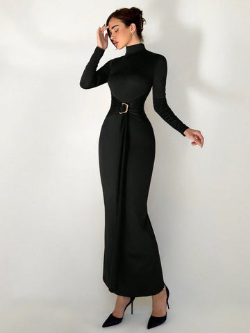 New Arrival Slim Fit Warm Mock Neck Long Sleeve Waist Cinched Dress For Winter