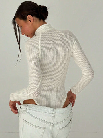 New Furry Stand Collar Long Sleeve Bodysuit, Slim Fit, Versatile White, Warm For Fall/Winter