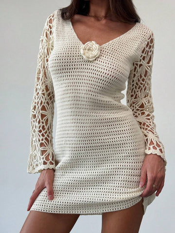 New Handmade Crochet Floral Decor Sexy Deep-V Bodycon Beach Dress, Long Sleeve Fishtail Dress
