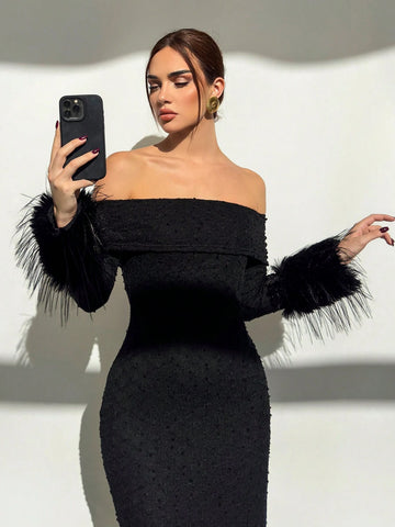New Modern Off Shoulder Fluffy Splice Long Bodycon Dress, Warm & Slimming, Suitable For Dates & Vacations