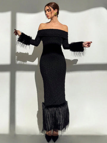 New Modern Off Shoulder Fluffy Splice Long Bodycon Dress, Warm & Slimming, Suitable For Dates & Vacations
