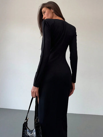 New Sexy Black Deep V-Neck High Slit Floral Decor Long Sleeve Dress