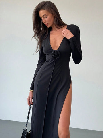 New Sexy Black Deep V-Neck High Slit Floral Decor Long Sleeve Dress