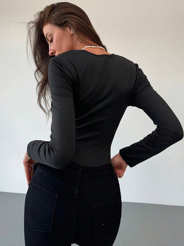 New Sexy Low-Cut Long Sleeve Rose Gold Metallic Button Hollow-Out Autumn Winter Bodysuit