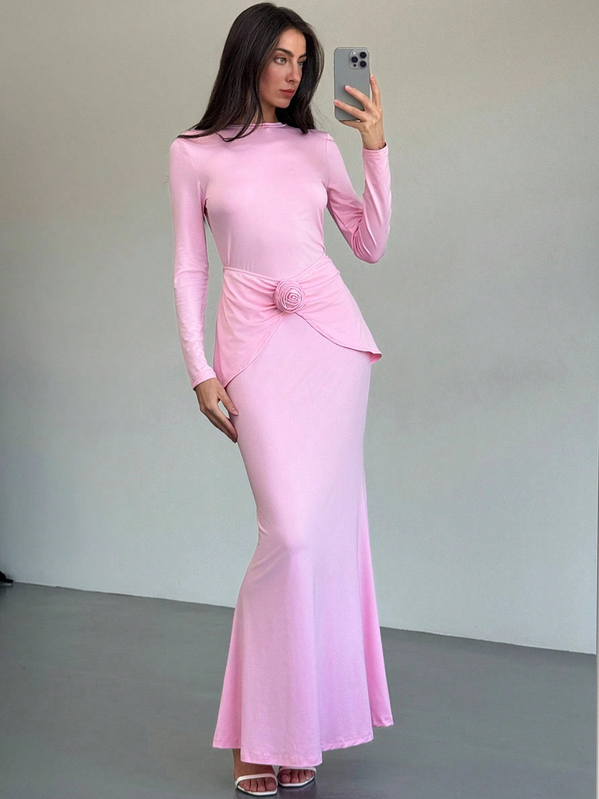New Style 3D Floral Decor Long Sleeve Crew Neck Stretch Knit Dress, Autumn/Winter