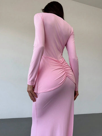 New Style 3D Floral Decor Long Sleeve Crew Neck Stretch Knit Dress, Autumn/Winter