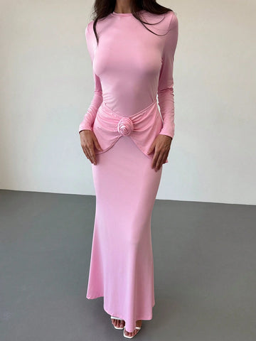 New Style 3D Floral Decor Long Sleeve Crew Neck Stretch Knit Dress, Autumn/Winter