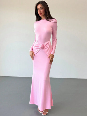 New Style 3D Floral Decor Long Sleeve Crew Neck Stretch Knit Dress, Autumn/Winter