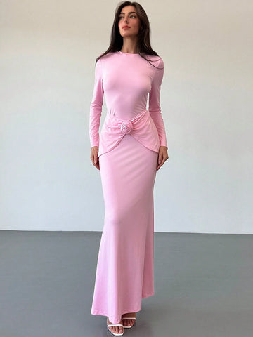 New Style 3D Floral Decor Long Sleeve Crew Neck Stretch Knit Dress, Autumn/Winter