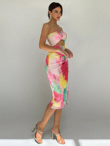 Romantic Date/Spring Summer Vacation Strapless Tight Ruched Sheath Hollow Out Slit Mesh