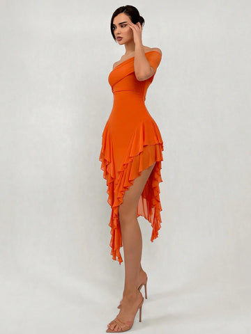 Romantic Date Asymmetrical Neck Slit Ruffle & Mesh Patchwork Tight-Fitting Long Dress For Women