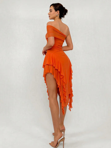 Romantic Date Asymmetrical Neck Slit Ruffle & Mesh Patchwork Tight-Fitting Long Dress For Women