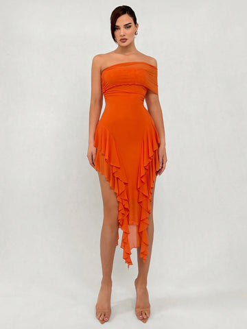 Romantic Date Asymmetrical Neck Slit Ruffle & Mesh Patchwork Tight-Fitting Long Dress For Women