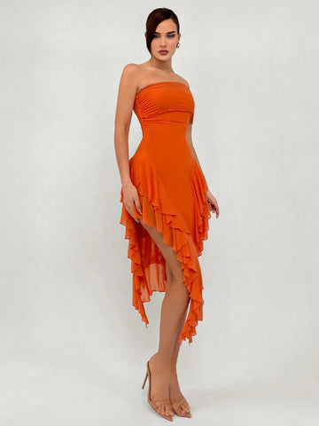 Romantic Date Asymmetrical Neck Slit Ruffle & Mesh Patchwork Tight-Fitting Long Dress For Women