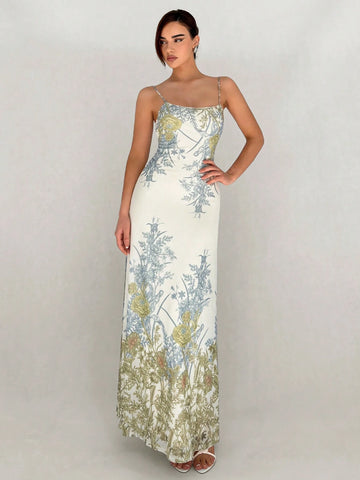 Romantic Date Digital Printed Bodycon Mermaid Style Long Dress With Strappy Cami Top For