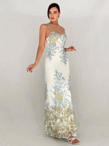 Romantic Date Digital Printed Bodycon Mermaid Style Long Dress With Strappy Cami Top For