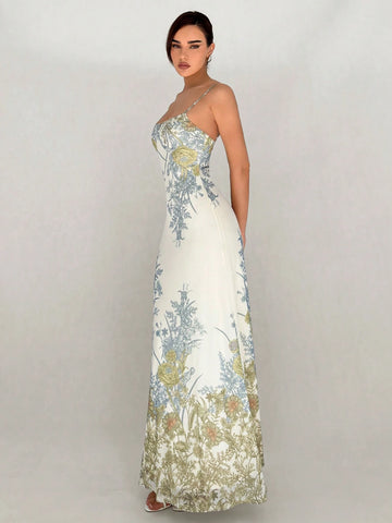 Romantic Date Digital Printed Bodycon Mermaid Style Long Dress With Strappy Cami Top For