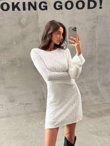 Romantic Date Night & Casual Commuting White Long Sleeve Textured Mini Bodycon Backless Dres
