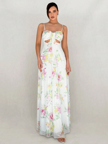 Romantic Date Or Summer Vacation Dress, Pleated Umbrella-Shaped Hem With Hollowed-Out Flower