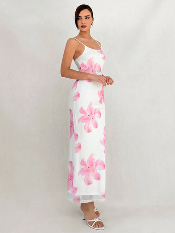Romantic Date Spaghetti Strap Floral Printed Maxi Bodycon Dress For Women