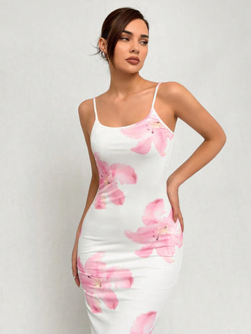 Romantic Date Spaghetti Strap Floral Printed Maxi Bodycon Dress For Women