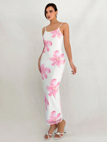Romantic Date Spaghetti Strap Floral Printed Maxi Bodycon Dress For Women