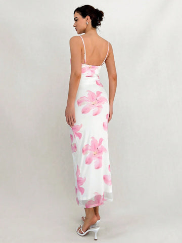 Romantic Date Spaghetti Strap Floral Printed Maxi Bodycon Dress For Women